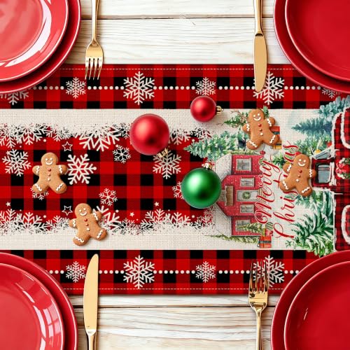 Cusugbaso Red Plaid Truck Christmas Table Runner 13x72 in