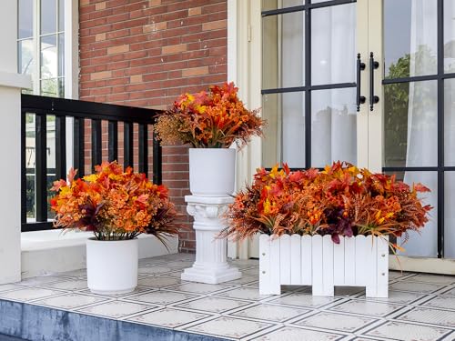 Artificial Fall Flowers Outdoor Set - Orange Red Maple & Mums, 24pcs Faux Autumn Plants for Garden & Patio