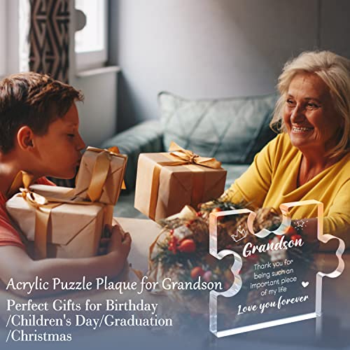 Funnli Grandson Gifts from Grandma Acrylic Puzzle Plaque - Christmas Valentines Day Fathers Day Birthday Gifts for Grandson 3.35 x 2.76 Inch Desk Decorations