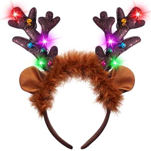 JOYIN Christmas Light Up Headband, Cute Reindeer Headband with LED Bulbs for Adult Kids Party Favor Supplies Xmas Accessories Christmas Holiday