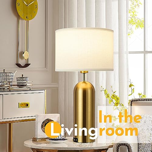 Gold Touch Control Table Lamps Set of 2 - 22 Inch Modern White & Gold Bedside Nightstand Lamps with USB-C Ports