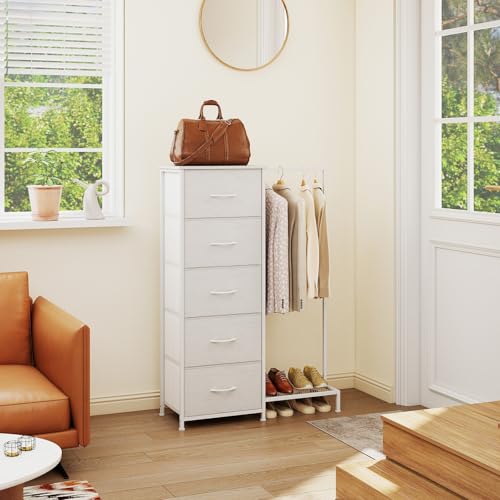 White Somdot 2-in-1 Dresser with Hanging Rack and 5 Drawers - Small Closet Organizer