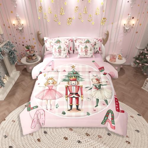 Pink Christmas Bed in a Bag Queen 7-Piece Comforter Set with Sheets – Nutcracker Theme