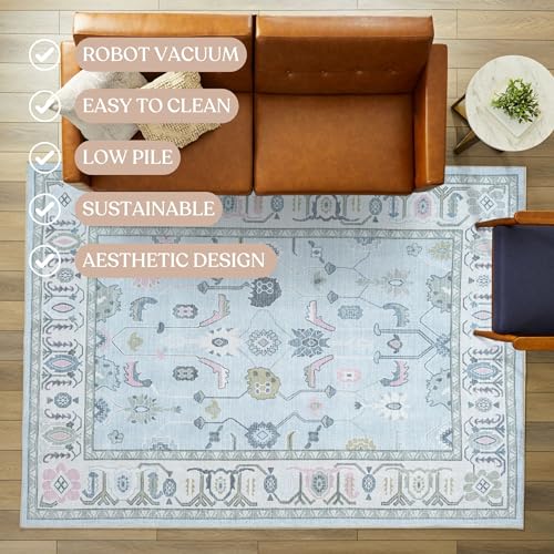 Cream Blue Faded Oushak Rug - Vintage Floral Pastel Large Area Rug for Living Room & Bedroom - 2'6" x 6'6" Variation