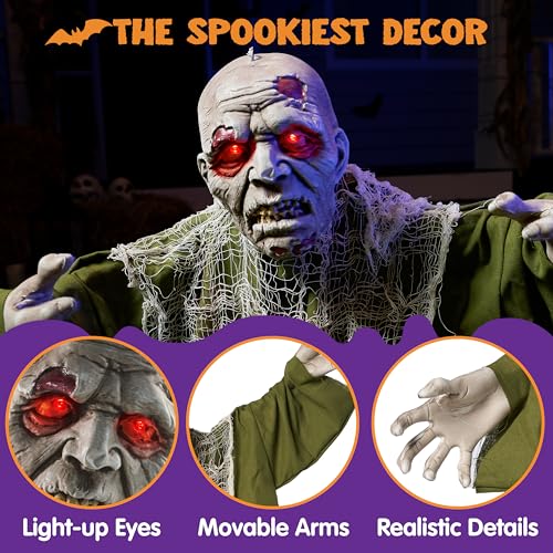 JOYIN Green Animated Zombie Groundbreaker Halloween Yard Decor with Light-Up Eyes & Movable Arms