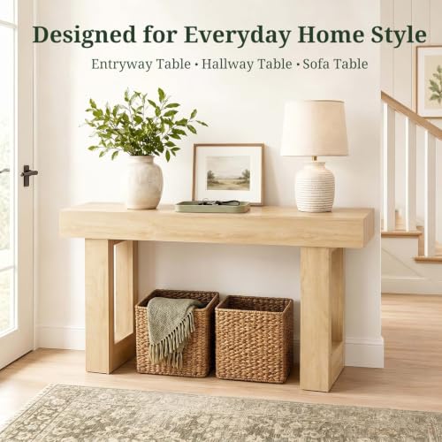 Natural Wood 63-Inch Farmhouse Console Table for Narrow Entryway & Living Room - Easy Assembly