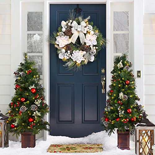 GarveeHome 24in Pre-lit Christmas Wreath with 20 LEDs – Silver White Magnolia Bow