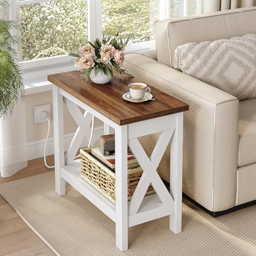 Narrow End Table with Charging Station - Farmhouse Side Table with Storage Shelves