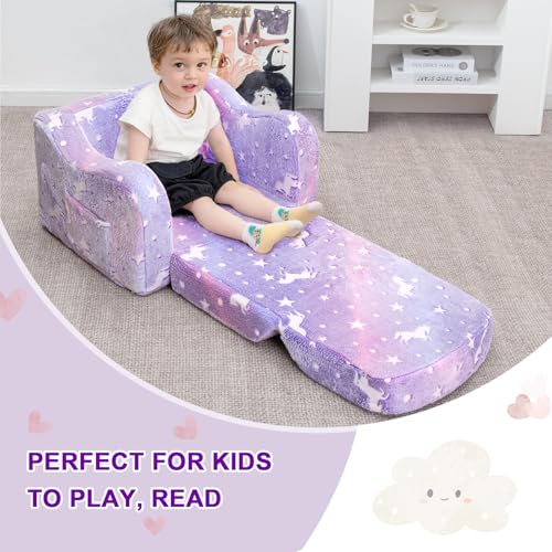 Airpanda Kids Sofa Chair - Purple 2-in-1 Fold-Out Couch with Blanket & Glow Fabric