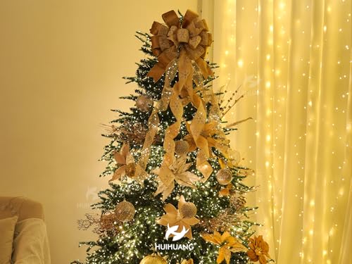 Champagne Gold Christmas Tree Topper Bow 13x45 in - HUIHUANG (Blue & White Variant) - Large Wire Ribbon 3-Design