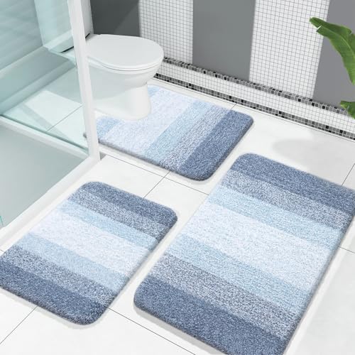 OLANLY Microfiber Bathroom Rugs Set 3 Piece U-Shape Blue Non-Slip Absorbent Bath Mat Set