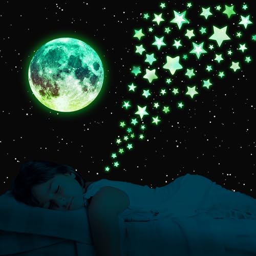 Glow in The Dark Stars for Ceiling, Holographic Colorful Moon Planet Wall Decals, Boys Girls Nursery Bedroom Wall Stickers
