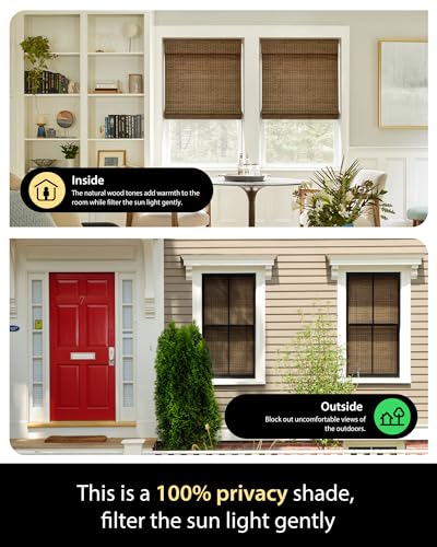 UNISHADES Room Darkening Bamboo Roman Shades with Valance - Highfield Teak, 34.5" W x 64" H (Variation: Room Darkening)