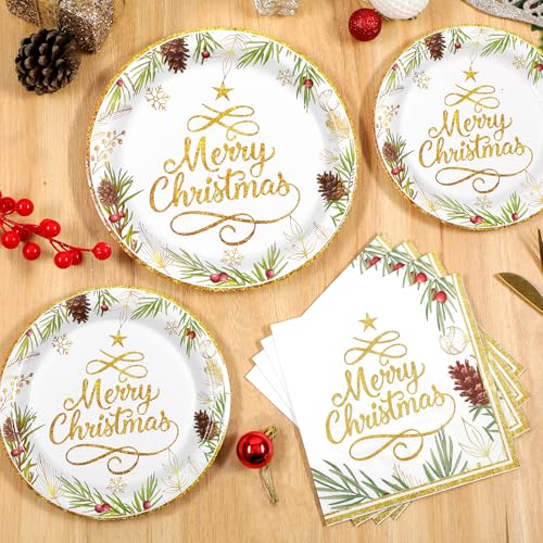 Homlouue Christmas Paper Plates and Napkins, Tree Gold Plate Napkin