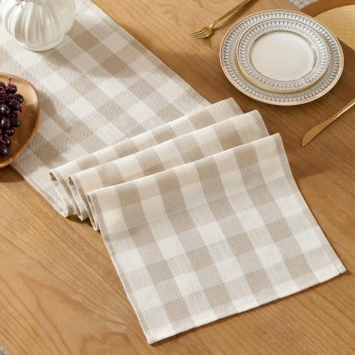 POSEAT Beige Gingham Table Runner 72 x 13 Inches | Cotton Linen Blend