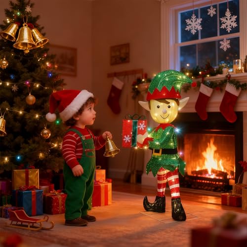Lighted Christmas Elf Yard Decor - 38-Inch Outdoor Holiday Garden Statue