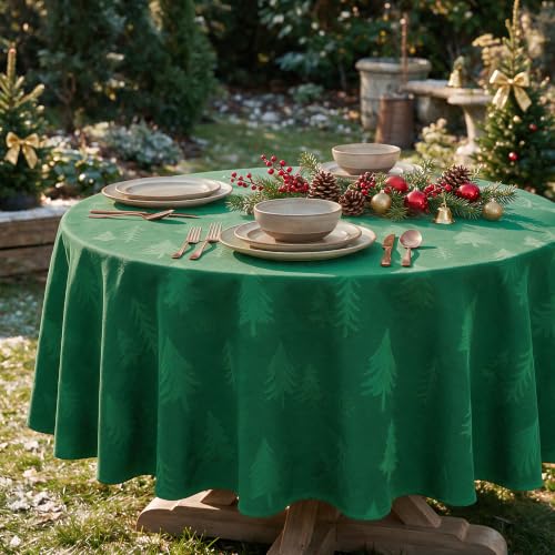 Horaldaily Green Jacquard Round Tablecloth 60x60 Inches for Indoor & Outdoor Use