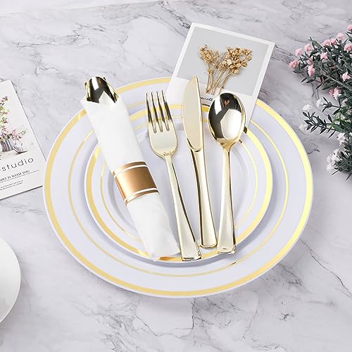 Gold Disposable Cutlery Set - 100 Pack Flatware with Napkins for Parties