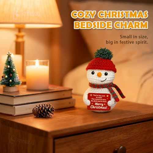 Crochet Snowman Decor, Merry Christmas Stocking Stuffers for Women Men, Holiday Secret Santa Gifts for Coworker, Small Cute Christmas Desk Table Decorations