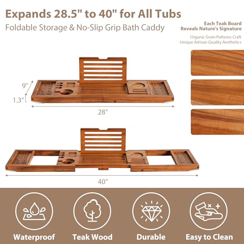 Realgulf Adjustable Teak Bathtub Tray - Natural Wood Bath Organizer Caddy