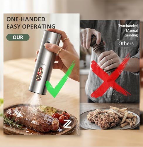 Zadelar Stainless Steel Rechargeable Electric Salt & Pepper Grinder Set with USB-C Charging, Adjustable Coarseness & LED Light