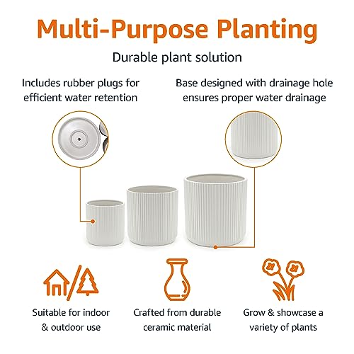 White Fluted Ceramic Plant Pots Set of 3 - 6, 8 & 10 Inch Indoor Outdoor