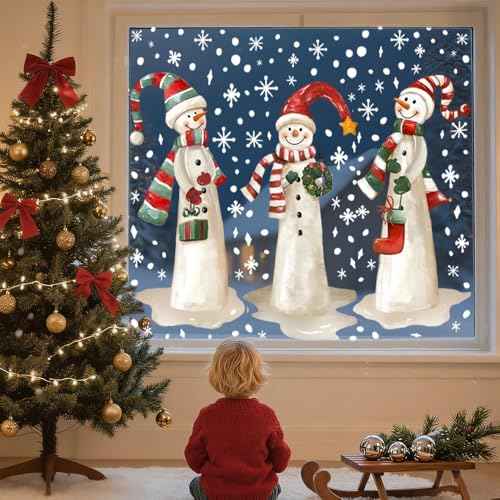 3 Sheets Christmas Extra Large Snowman Window Clings, Winter Snowflakes Xmas Window Stickers Decals for Indoor Outdoor Home Holiday Party Store Glass Decorations