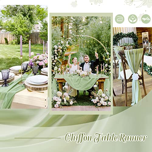 Sage Green Table Runner 27x120in Chiffon 1pc with White Ribbon – 10ft Wedding Decor