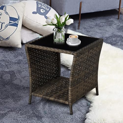 Outdoor Wicker Side Table, Rattan End Glass Top,Patio Garden