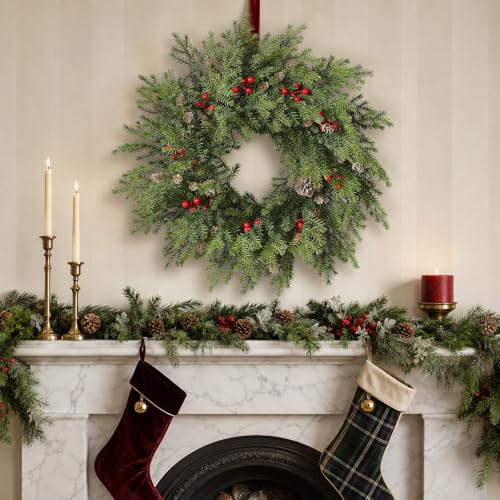 24in Norfolk Pine Christmas Wreath with Red Berries, Front Door Decor