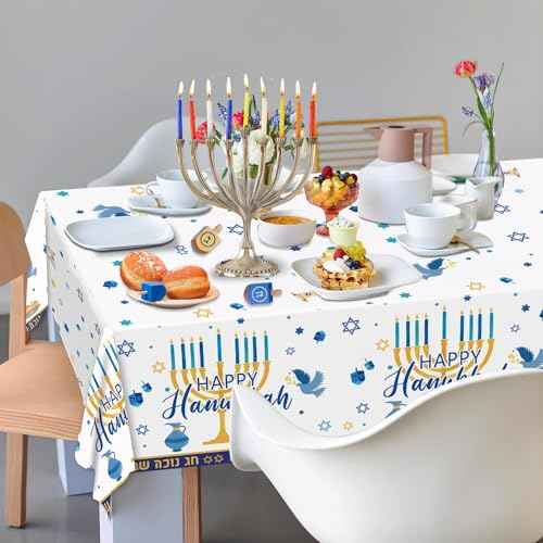Oigco 3Pcs Hanukkah Tablecloth Hanukkah Theme Table Cloth, Hanukkah Decorations for Happy Hannukah Decorations Table Cover for Plastic Chanukah Jewish Chanukah Party Supplies, 108 x 54 inch