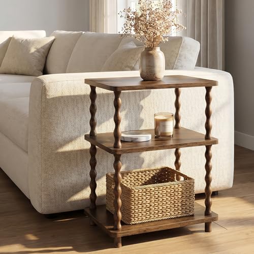 Brown Narrow 3-Tier Side Table with Storage - Rustic Oblong End Table