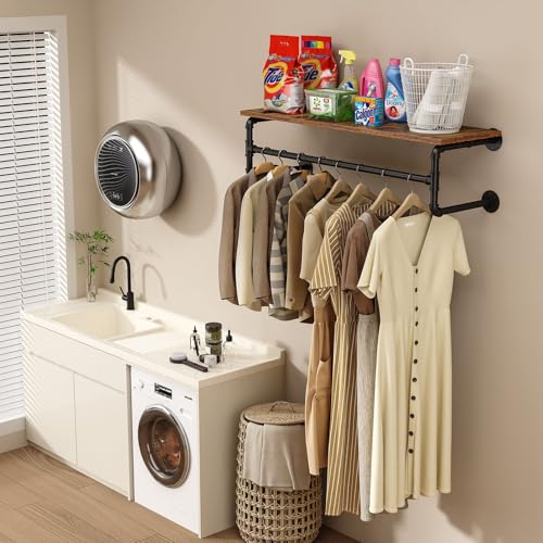 Wall Mounted Clothes Rack with 43.3in Shelf and Hanging Rod - Industrial Pipe Design, Space-Saving Garment Organizer, Black Finish, 110cm Variation