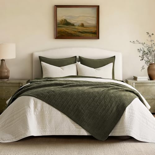 EverGrace Modern Checkered Chenille Throw Blanket - Olive Green 60x80