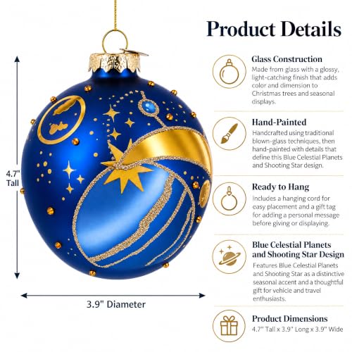 Blue Celestial Planets and Shooting Star Glass Ornament – Hand-Painted Christmas Ball