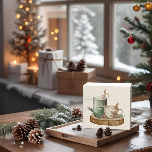 Christmas Decorations, Cute Room Decor Table Wood Box Sign, Warm and Cosy Let It Snow, Christmas Decorations Indoor, Farmhouse Rustic Wood Block Plaque for Home Desk Bedroom Decor 5x5