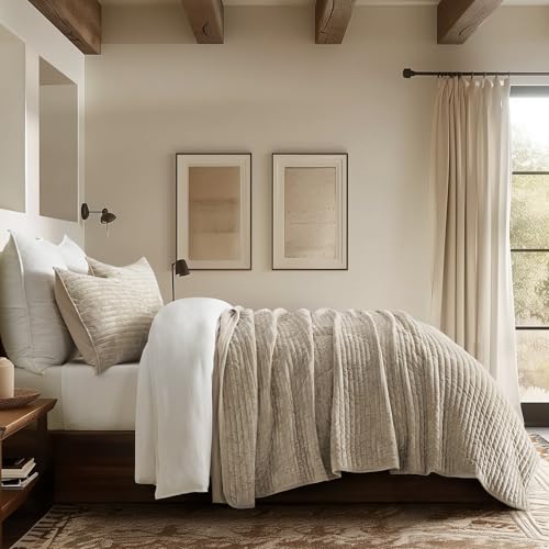 EverGrace King Size Velvet Quilt Set Beige Taupe Luxury Channel Stripe Bedding