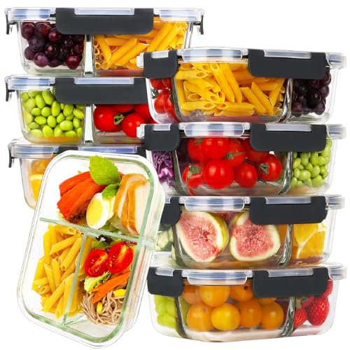 Black 8 Pack 36oz Borosilicate Glass Meal Prep Containers 3 Compartments