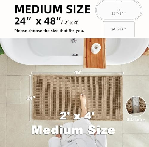 TYUU Waffle Bath Mat - Non Slip 48x24 Khaki Bathroom Rug, Quick Dry