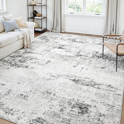 6x9 Large Washable Abstract Area Rug - Soft Non-Slip Living Room Carpet - White Grey Black, Rectangular