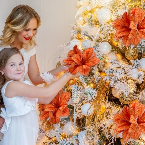 Hotop 6 Pcs Glitter Poinsettia Flowers with 3 Heads - Orange