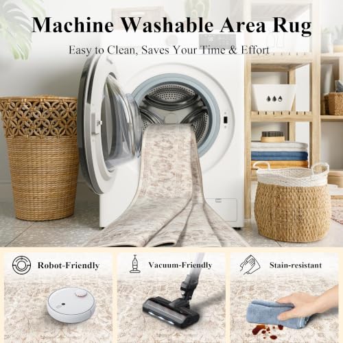 Beige 6x9 Non-Slip Vintage Bedroom Area Rug - Washable & Stain-Resistant