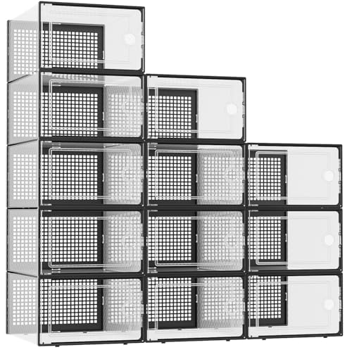 Black XX-Large Shoe Storage Boxes 12 Pack - Clear Stackable Organizer