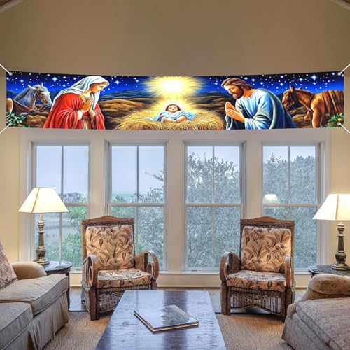 IVN Christmas Nativity Mary Jesus Banner 118 x 20 Inch