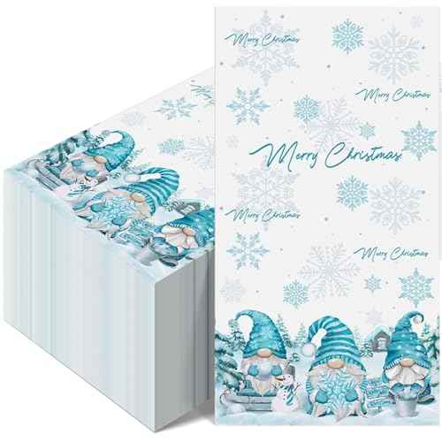 100 Pcs Christmas Gnome Paper Napkins, Disposable Merry Christmas Gnome Snowflake Paper Guest Napkins Xmas Decorative Paper Guest Hand Towels for Winter Holiday Xmas Dinner Party Supplies