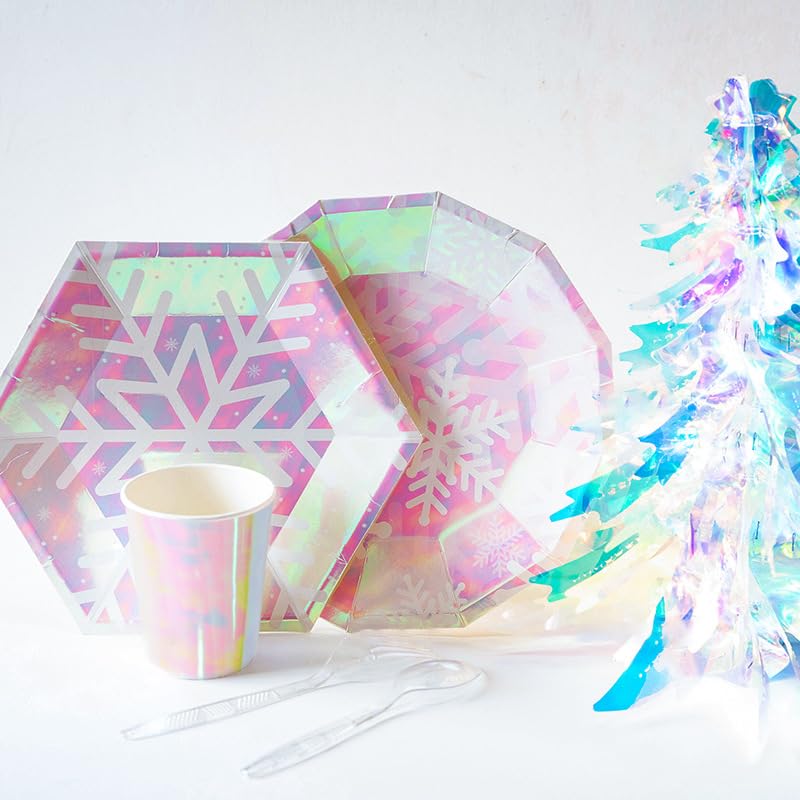 Snowflake Party Plates - Dodecagon 9in Iridescent Pink, 24ct (Snowflake) – Disposable Snow Theme Party Supplies