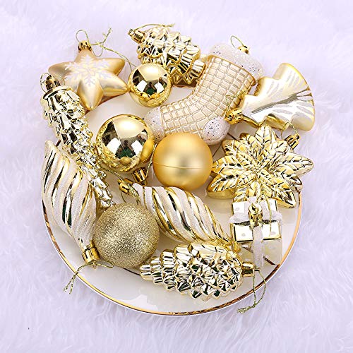 Golden 76ct Christmas Tree Ornaments Set - Shatterproof Plastic Holiday Balls & Assorted Decorations (Sattiyrch, Golden)