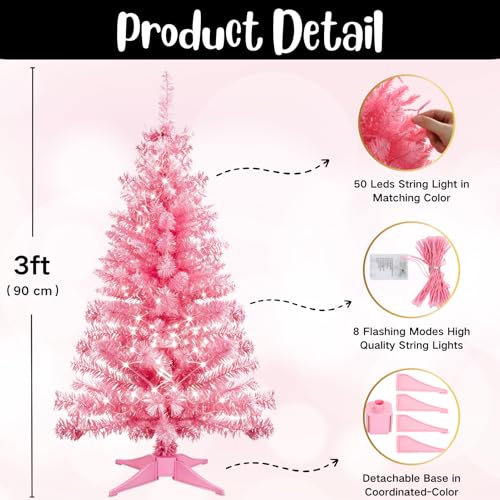 Nakolulu 3ft Pink Mini Christmas Tree with 50 LED Lights, 160 Tips, Hinged Branches & Detachable Stand - Pink Christmas Tree