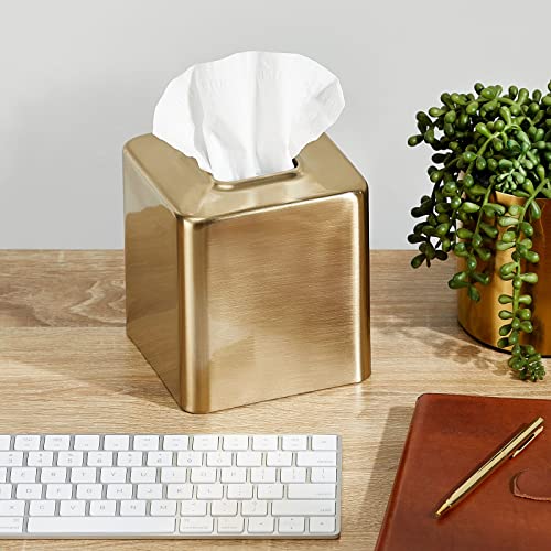 Square Tissue Box Cover - Metal Facial Tissue Holder for Bathroom & Bedroom - Soft Brass, Pack of 1