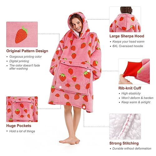 Narecte Cozy Oversized Wearable Blanket Hoodie for Adults - Strawberry
